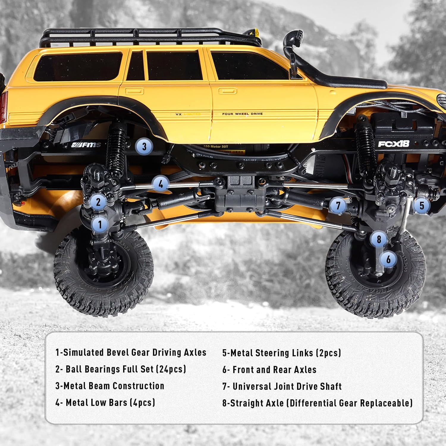 ماشین کنترلی آفرود صخره نورد تویوتا لندکروز زرد مدل FMS Toyota Landcruiser LC80 1/18