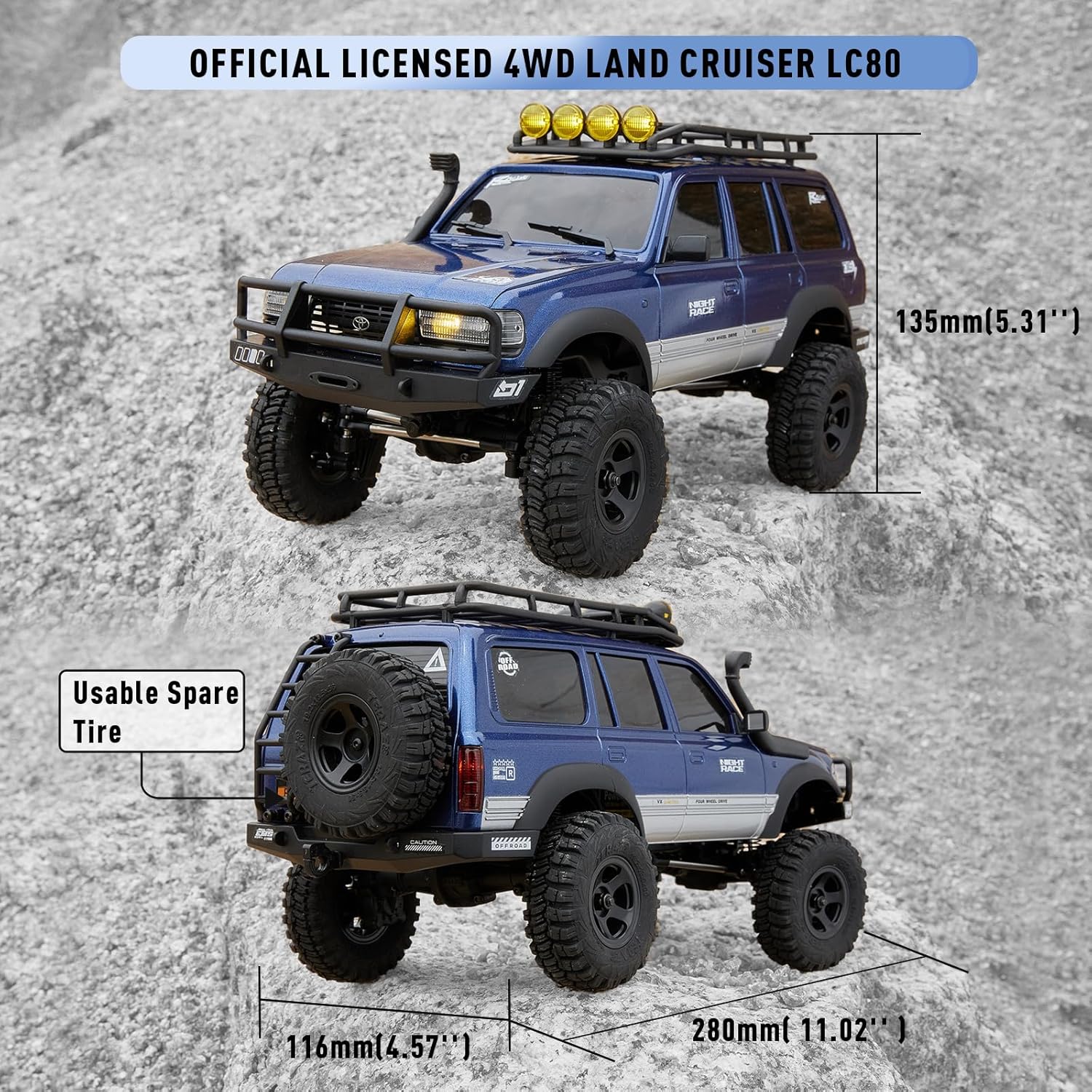 ماشین کنترلی آفرود صخره نورد تویوتا لندکروز زرد مدل FMS Toyota Landcruiser LC80 1/18