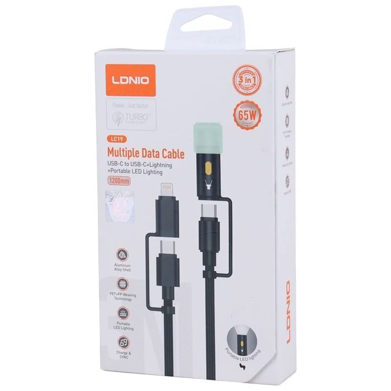 کابل فست شارژ چندکاره چراغ قوه دار با 3 سری الدینیو مدل LDNIO Multiple Data Cable LC19